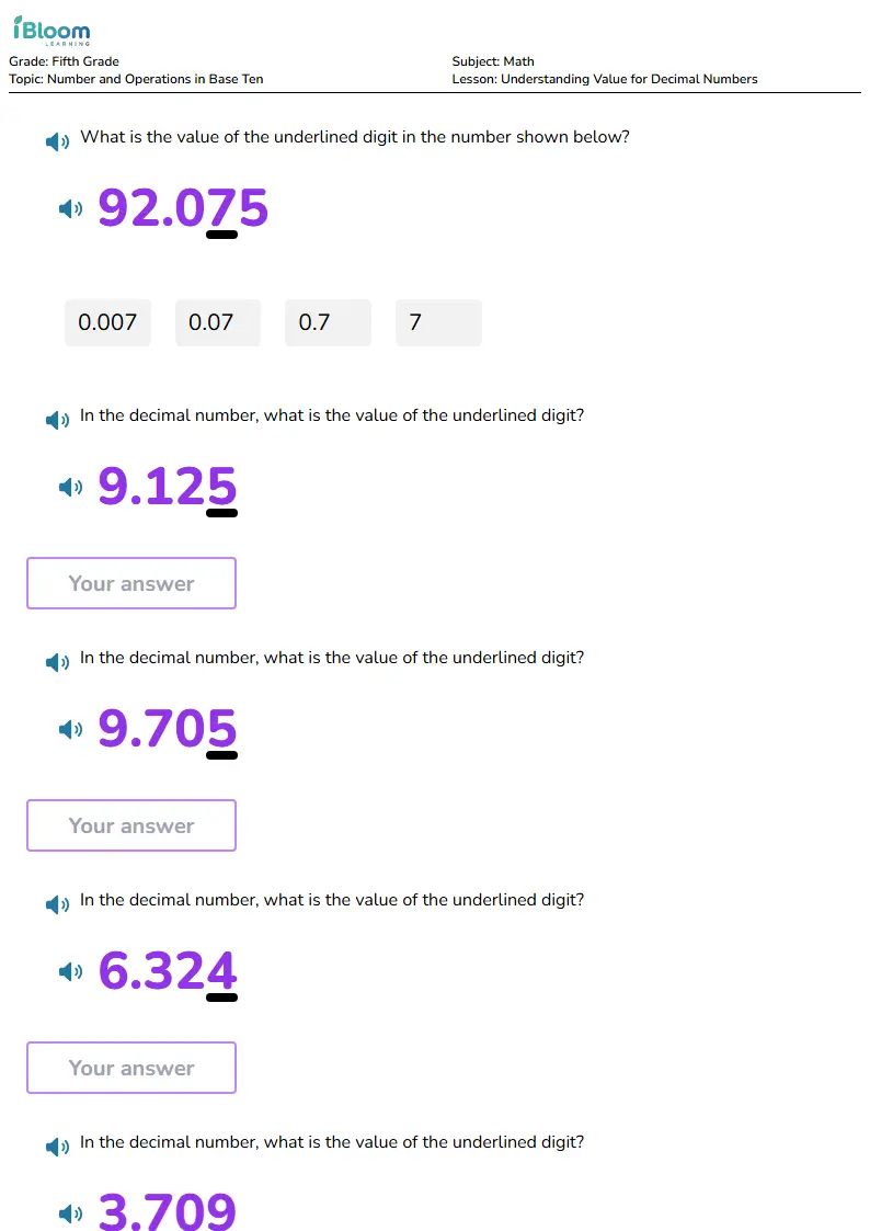 Free Understanding Value for Decimal Numbers Worksheets for Fifth Grade | iBloom