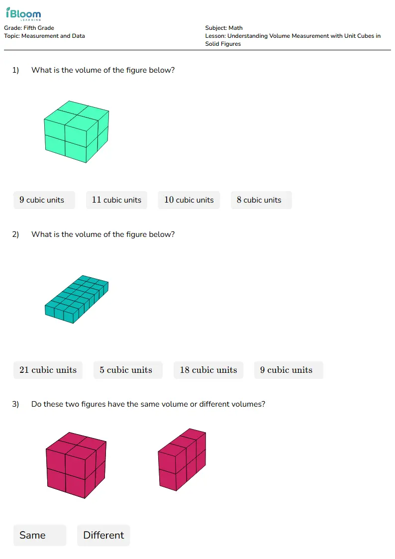 Free Understanding Volume Measurement with Unit Cubes in Solid Figures Worksheets for Fifth Grade | iBloom