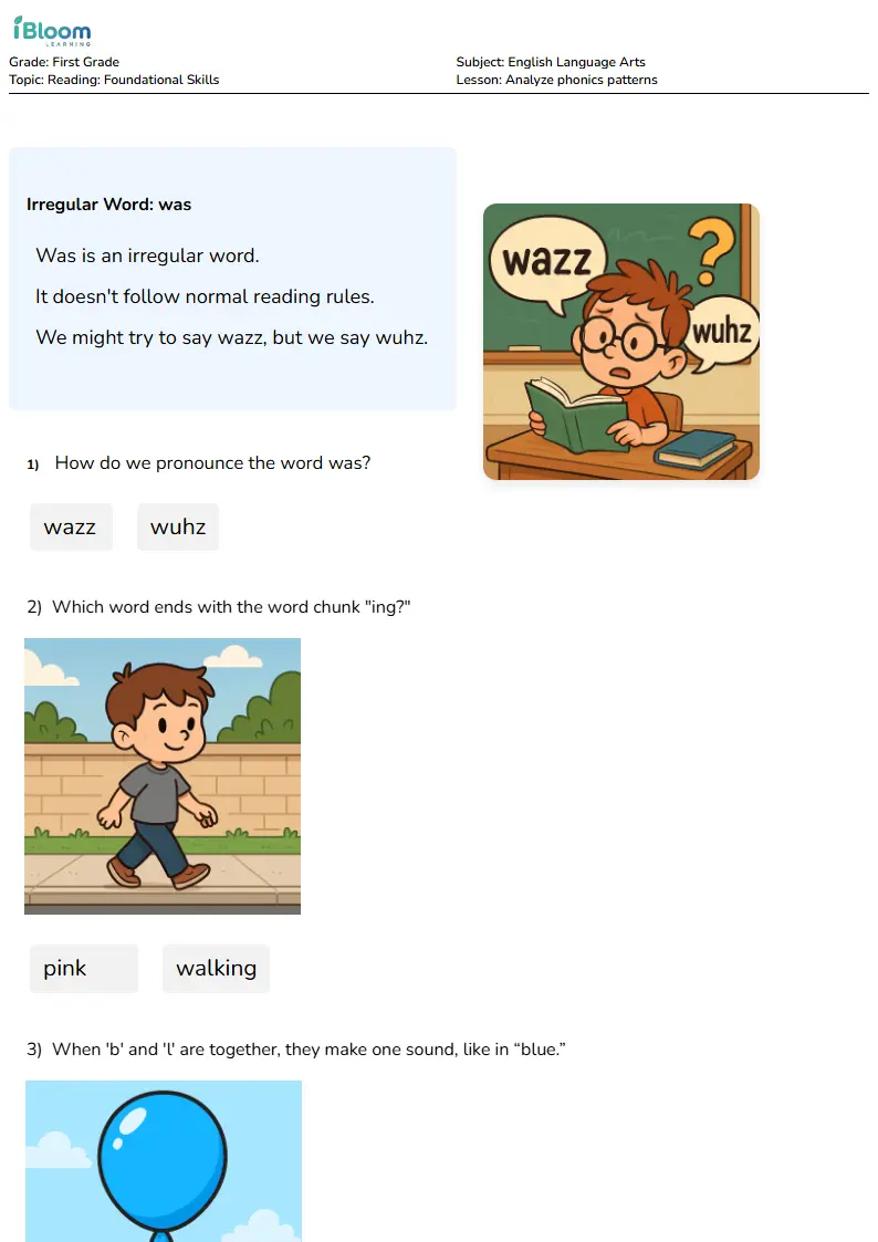 Free Analyze phonics patterns Worksheets for Grade 1