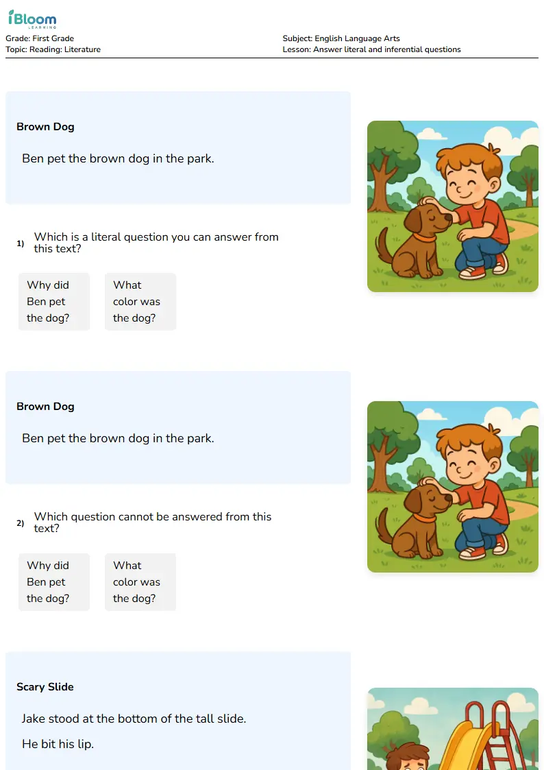 Free Answer literal and inferential questions Worksheets for Grade 1