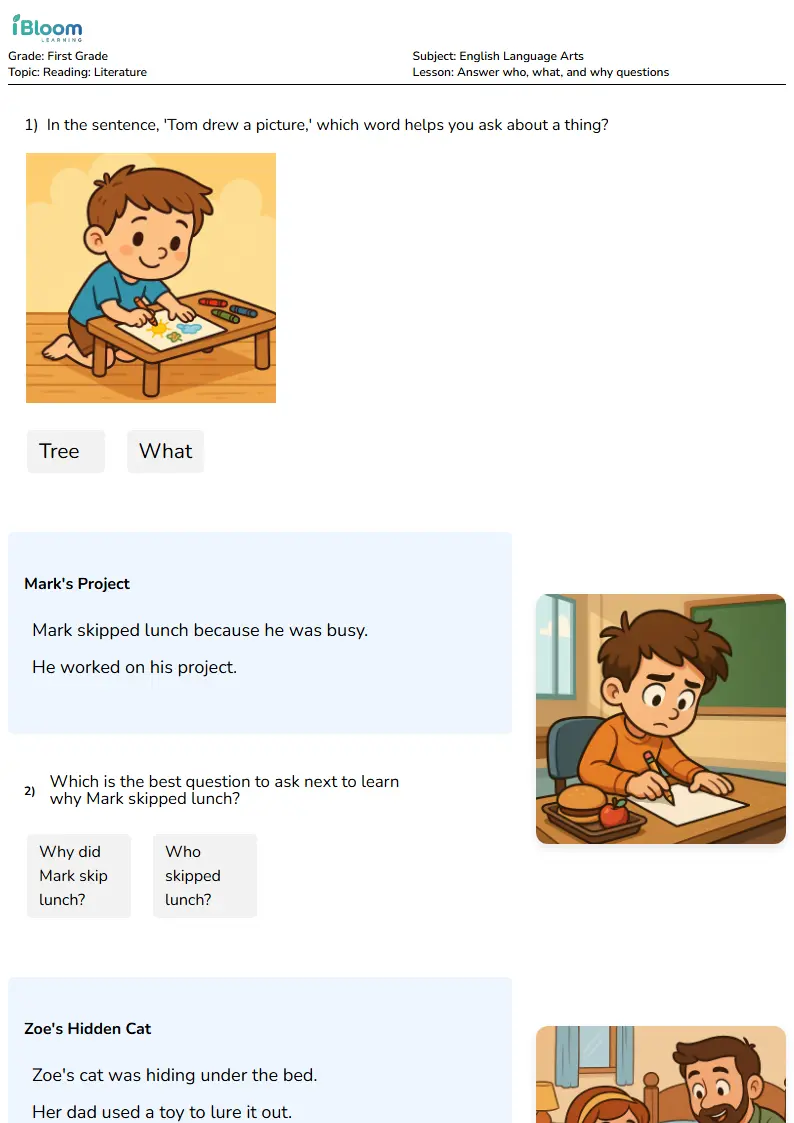 Free Answer who, what, and why questions Worksheets for Grade 1