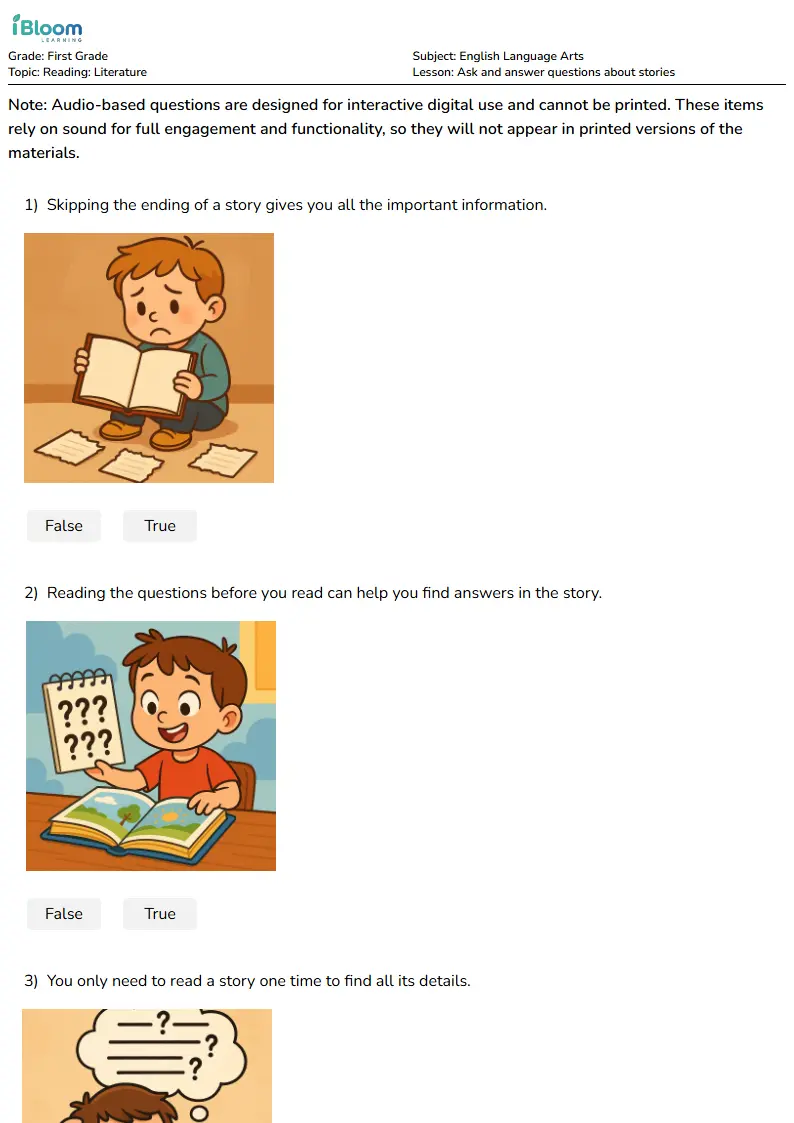 Free Ask and answer questions about stories Worksheets for Grade 1