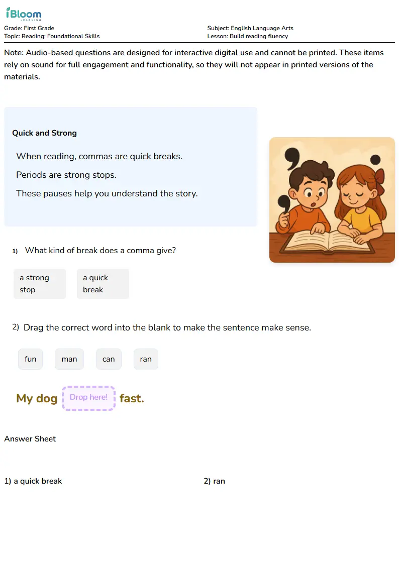 Free Build reading fluency Worksheets for Grade 1