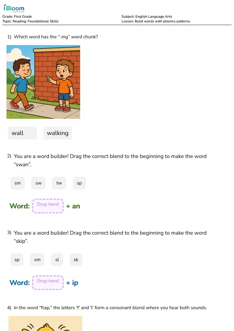 Preview image for Build words with phonics patterns Worksheets for First Grade
