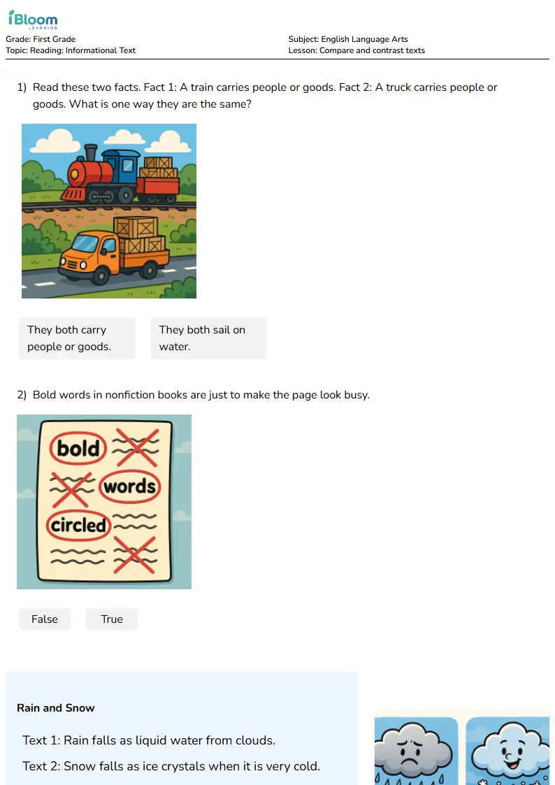 Free Compare and contrast texts Worksheets for Grade 1