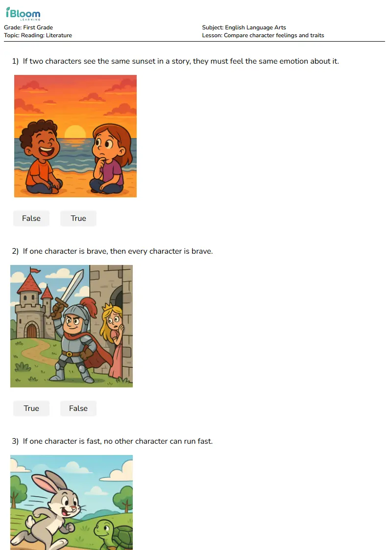 Free Compare character feelings and traits Worksheets for Grade 1