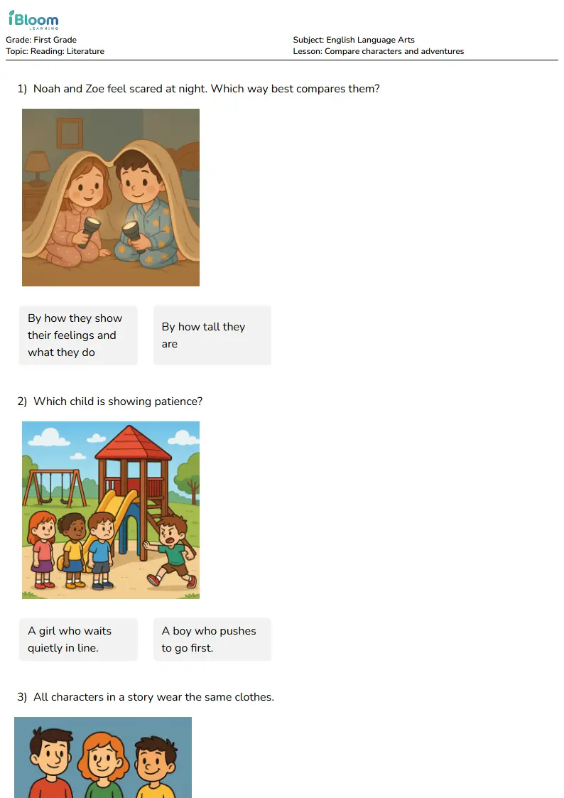 Free Compare characters and adventures Worksheets for Grade 1