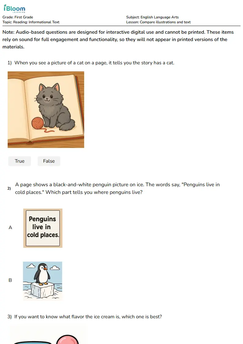 Free Compare illustrations and text Worksheets for Grade 1