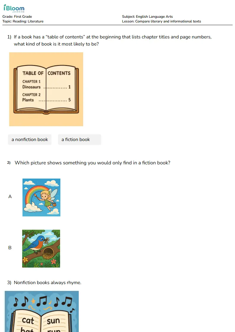 Free Compare literary and informational texts Worksheets for Grade 1