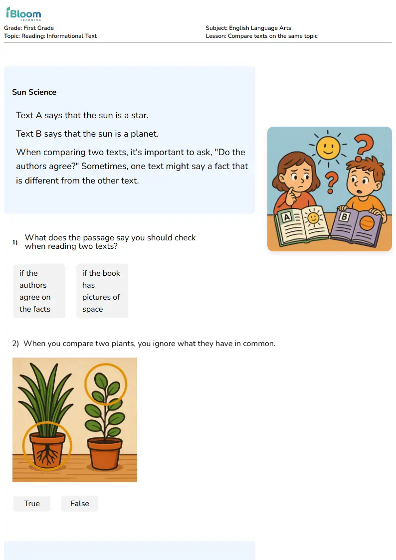 Free Compare texts on the same topic Worksheets for Grade 1