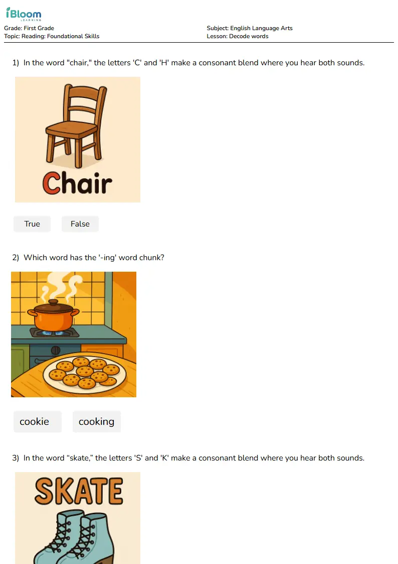 Free Decode words Worksheets for Grade 1