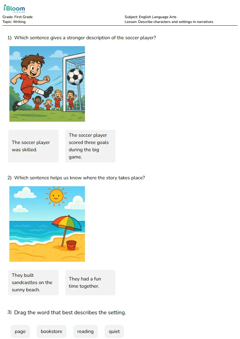 Free Describe characters and settings in narratives Worksheets for Grade 1