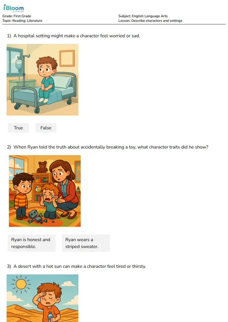 Free Describe characters and settings Worksheets for Grade 1