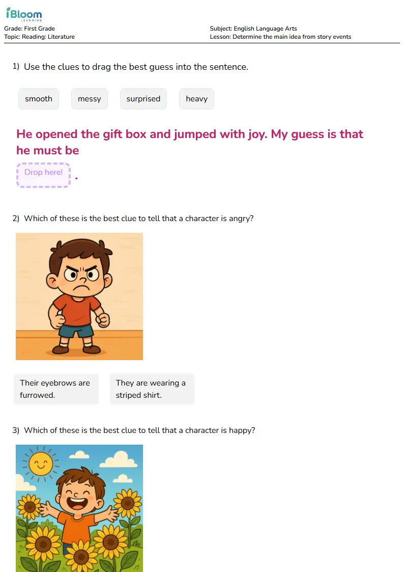 Free Determine the main idea from story events Worksheets for Grade 1