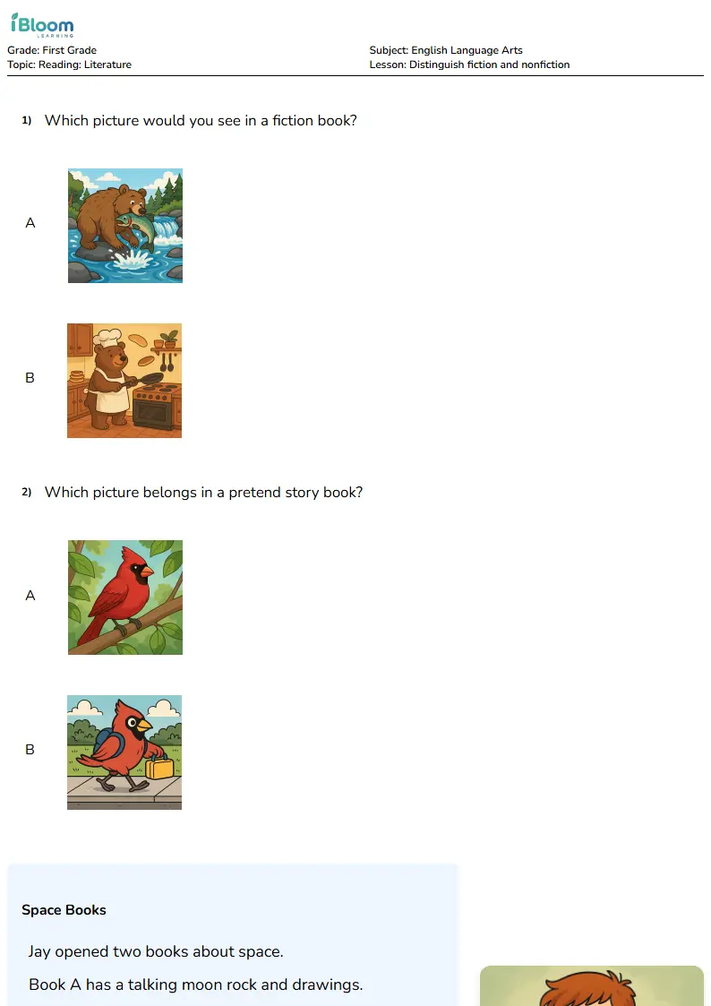 Free Distinguish fiction and nonfiction Worksheets for Grade 1