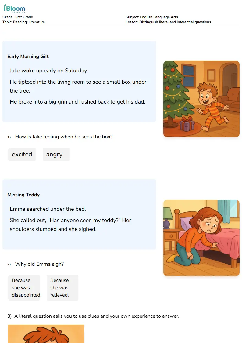 Free Distinguish literal and inferential questions Worksheets for Grade 1