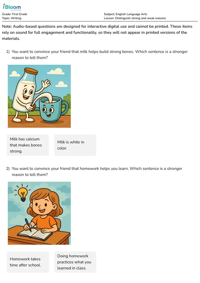 Free Distinguish strong and weak reasons Worksheets for Grade 1
