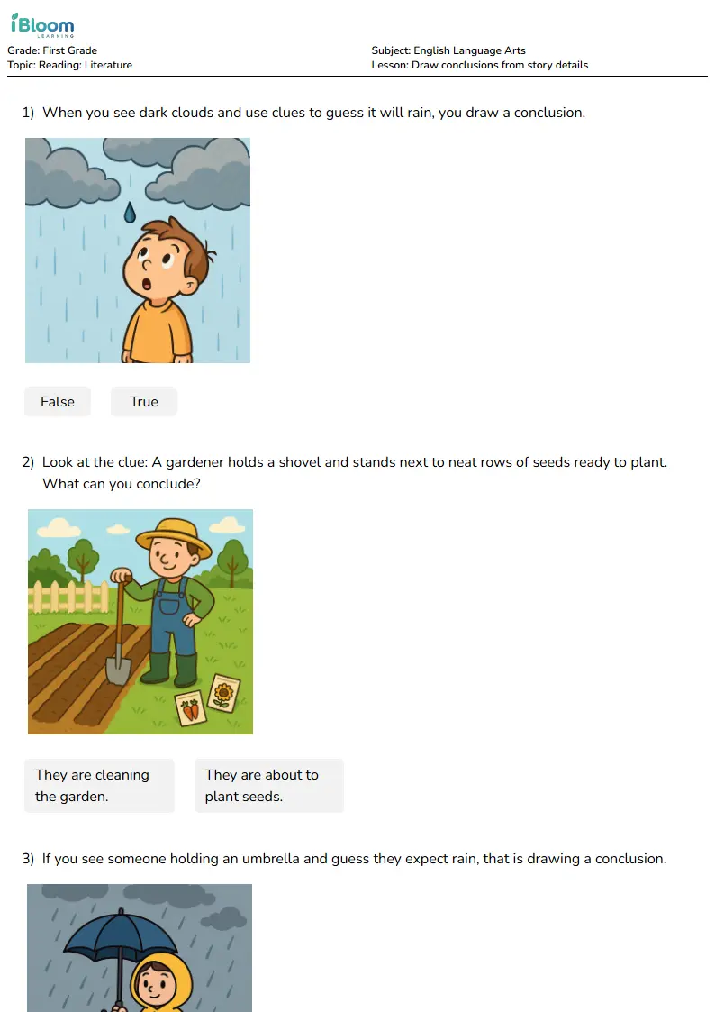 Free Draw conclusions from story details Worksheets for Grade 1