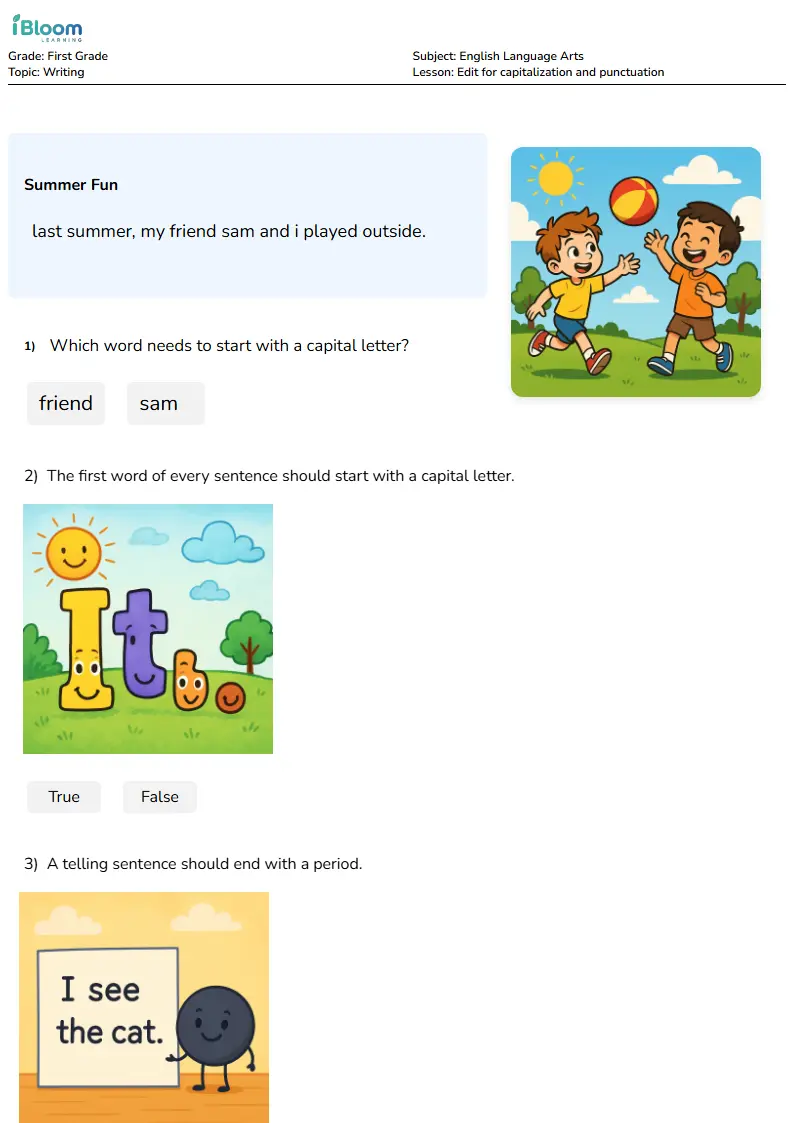 Preview image for Edit for capitalization and punctuation Worksheets for First Grade