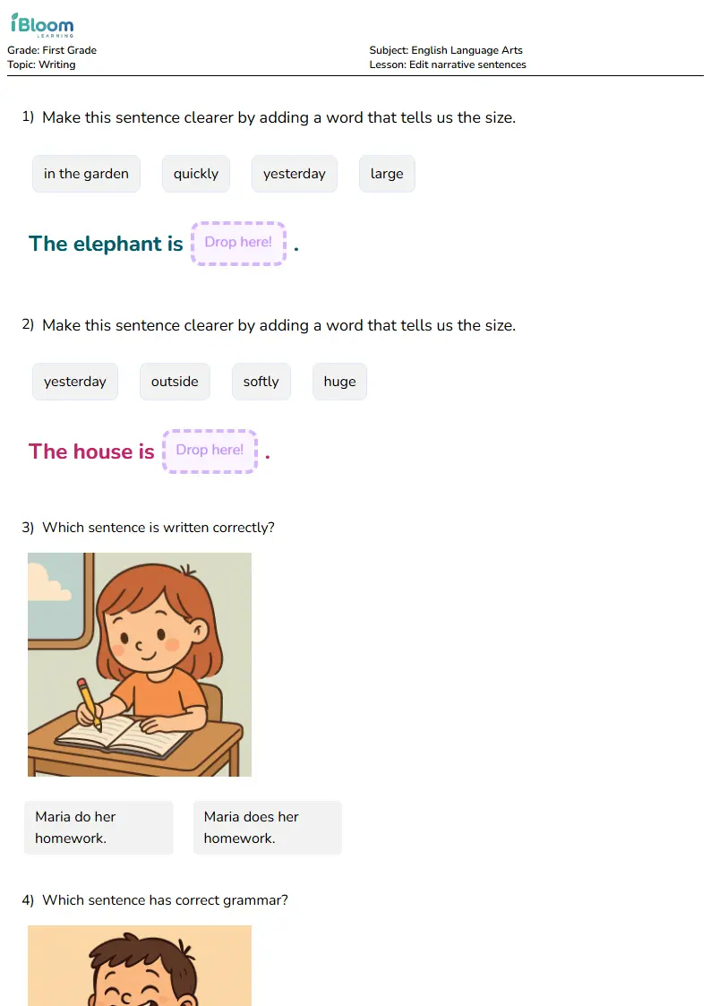 Free Edit narrative sentences Worksheets for First Grade | iBloom