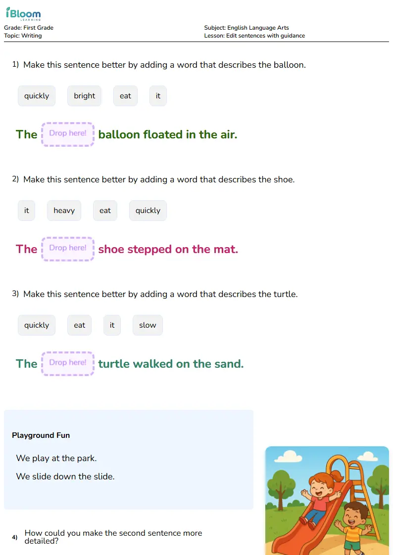 Free Edit sentences with guidance Worksheets for First Grade | iBloom