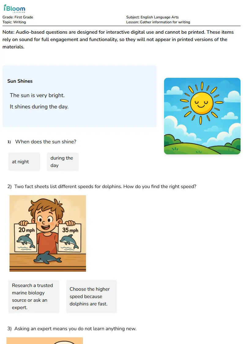 Free Gather information for writing Worksheets for First Grade | iBloom
