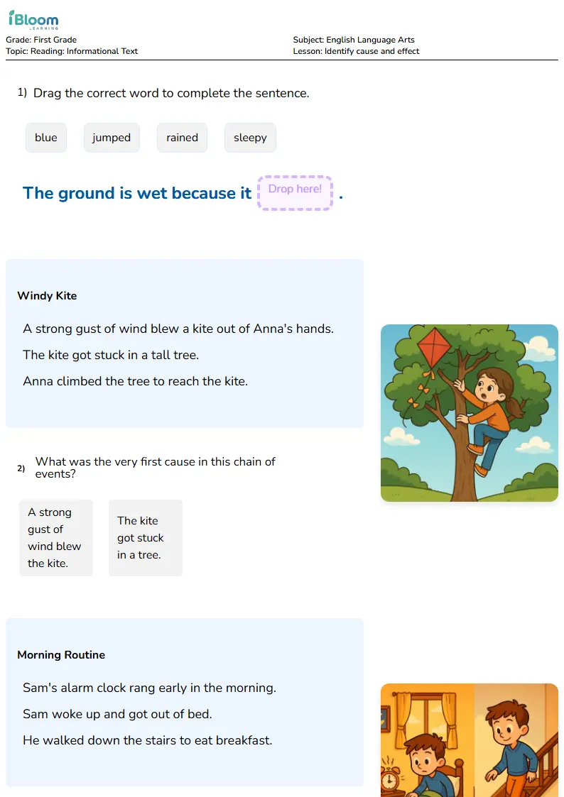 Free Identify cause and effect Worksheets for First Grade | iBloom