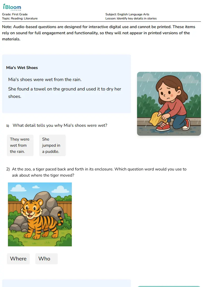 Free Identify key details in stories Worksheets for First Grade | iBloom