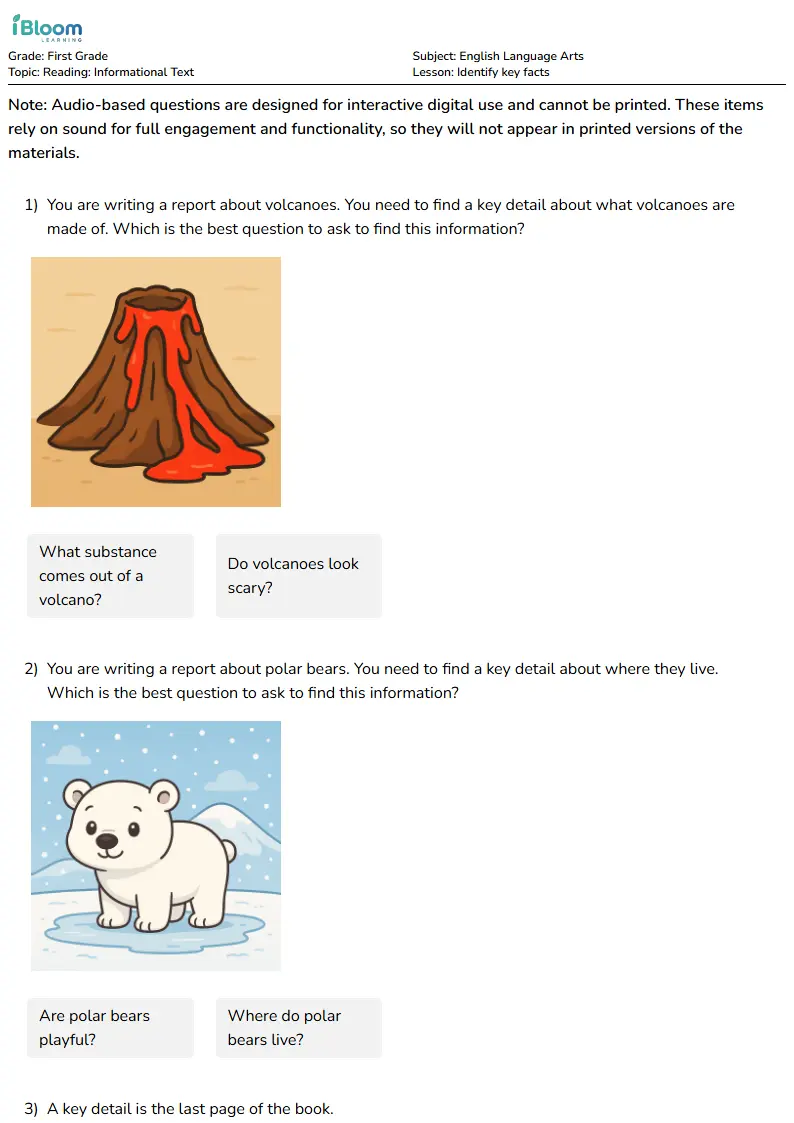 Free Identify key facts Worksheets for First Grade | iBloom