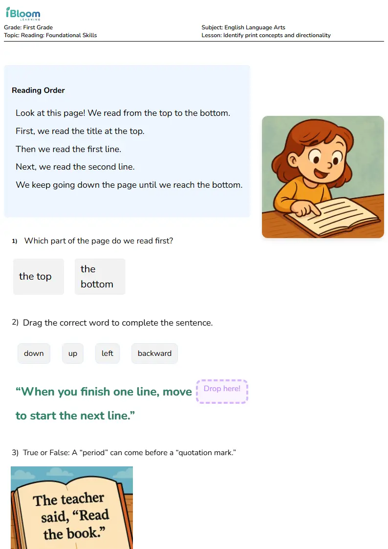 Free Identify print concepts and directionality Worksheets for First Grade | iBloom