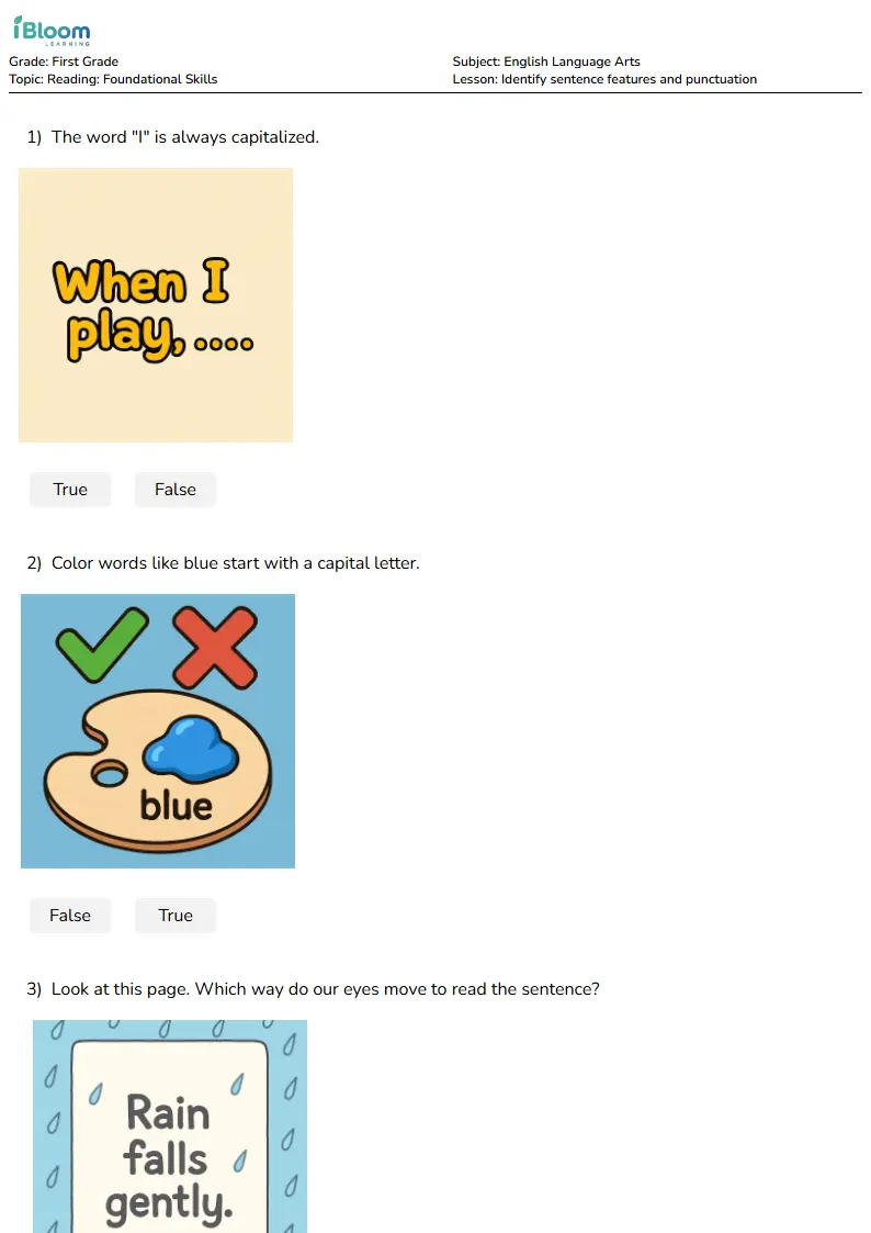 Preview image for Identify sentence features and punctuation Worksheets for First Grade