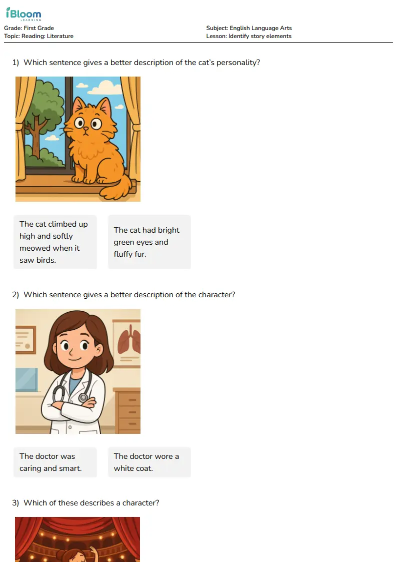 Free Identify story elements Worksheets for First Grade | iBloom