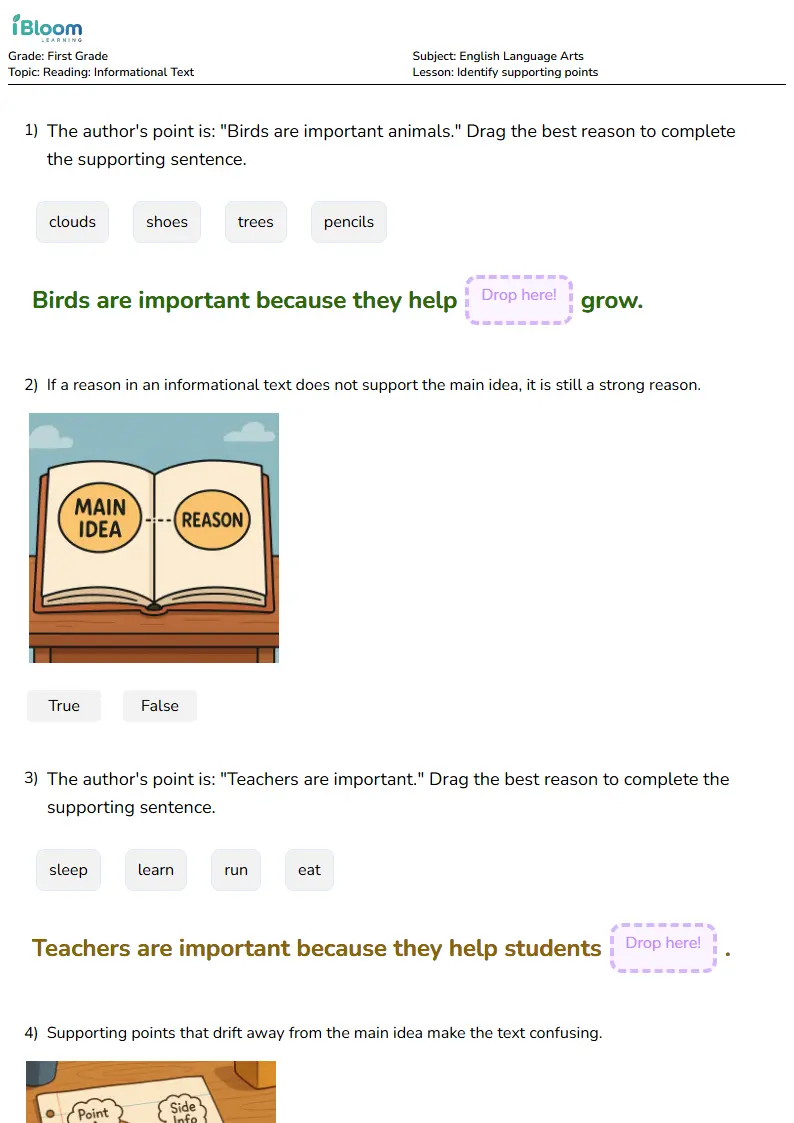 Free Identify supporting points Worksheets for First Grade | iBloom