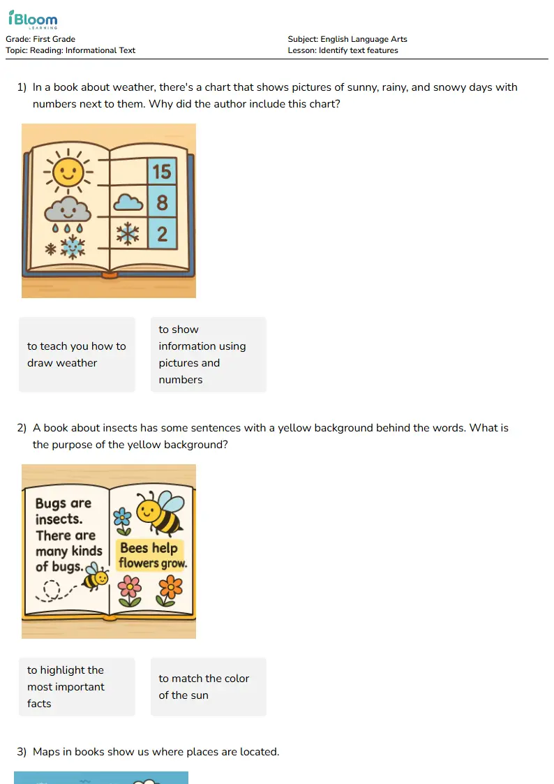 Free Identify text features Worksheets for First Grade | iBloom