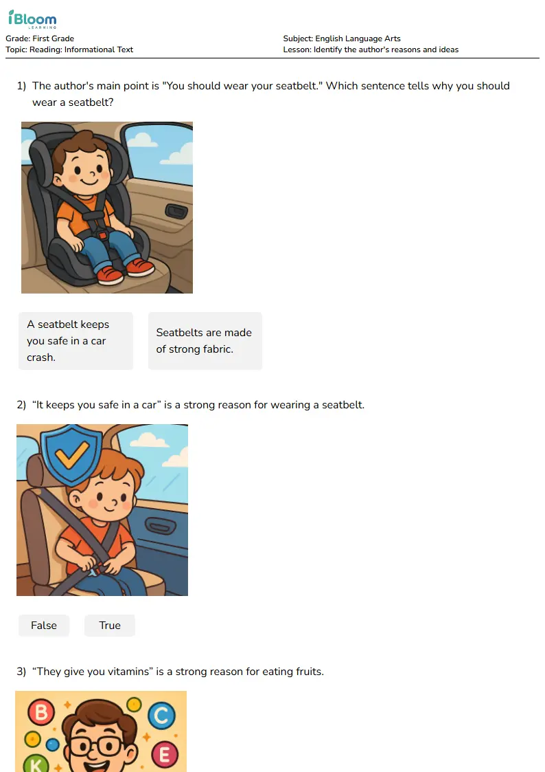 Free Identify the author's reasons and ideas Worksheets for First Grade | iBloom