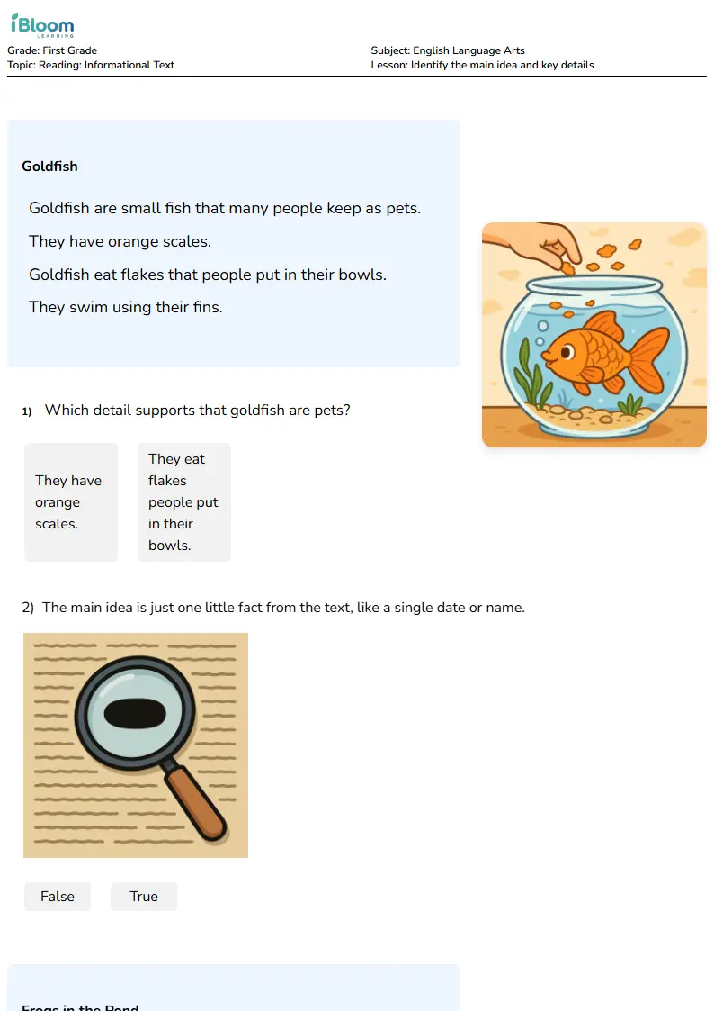 Free Identify the main idea and key details Worksheets for First Grade | iBloom
