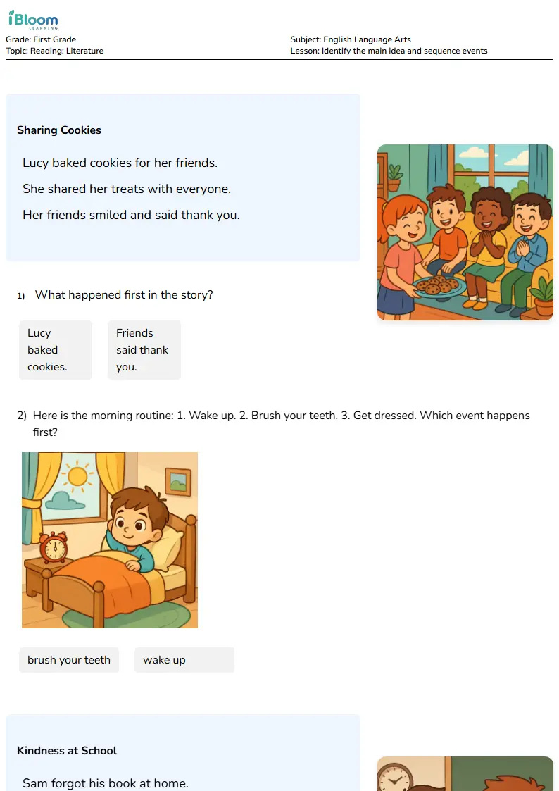 Free Identify the main idea and sequence events Worksheets for First Grade | iBloom