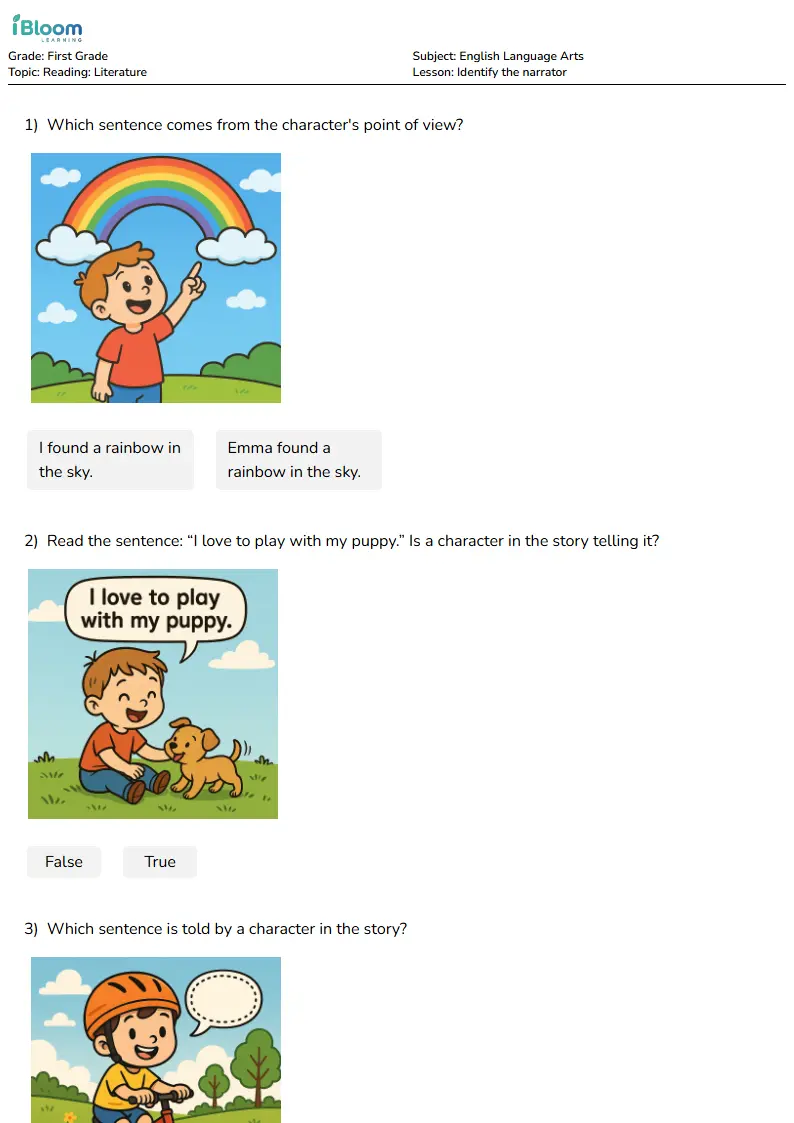 Free Identify the narrator Worksheets for First Grade | iBloom
