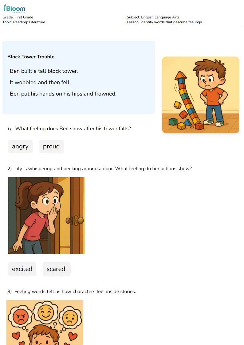 Free Identify words that describe feelings Worksheets for First Grade | iBloom
