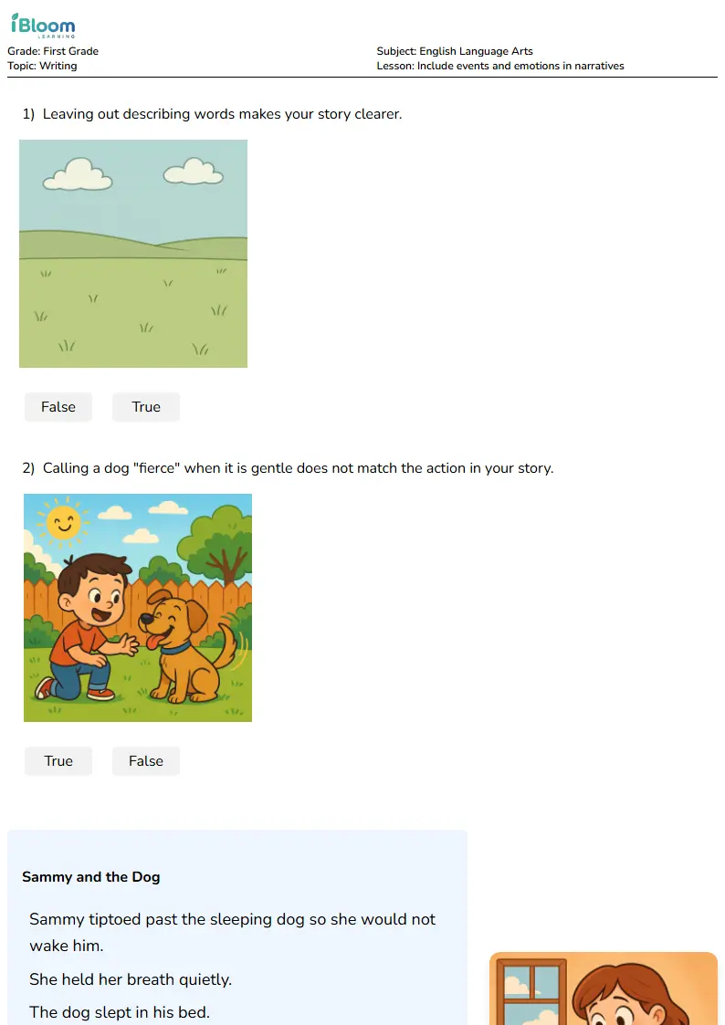 Free Include events and emotions in narratives Worksheets for First Grade | iBloom