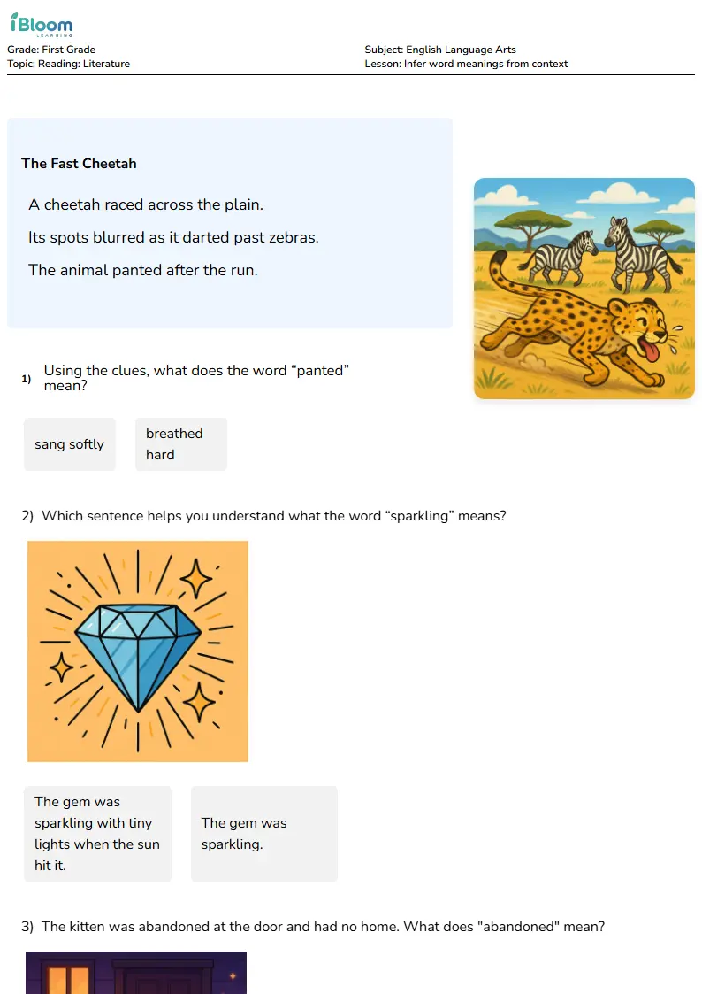 Free Infer word meanings from context Worksheets for First Grade | iBloom