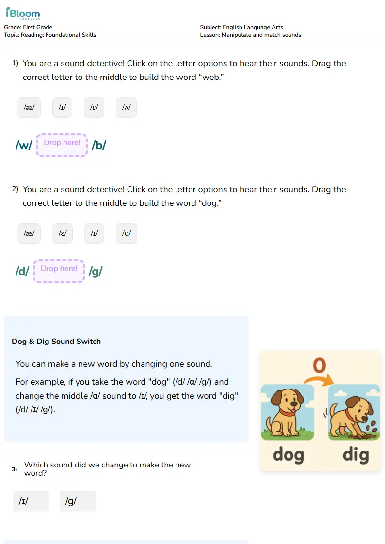 Free Manipulate and match sounds Worksheets for First Grade | iBloom