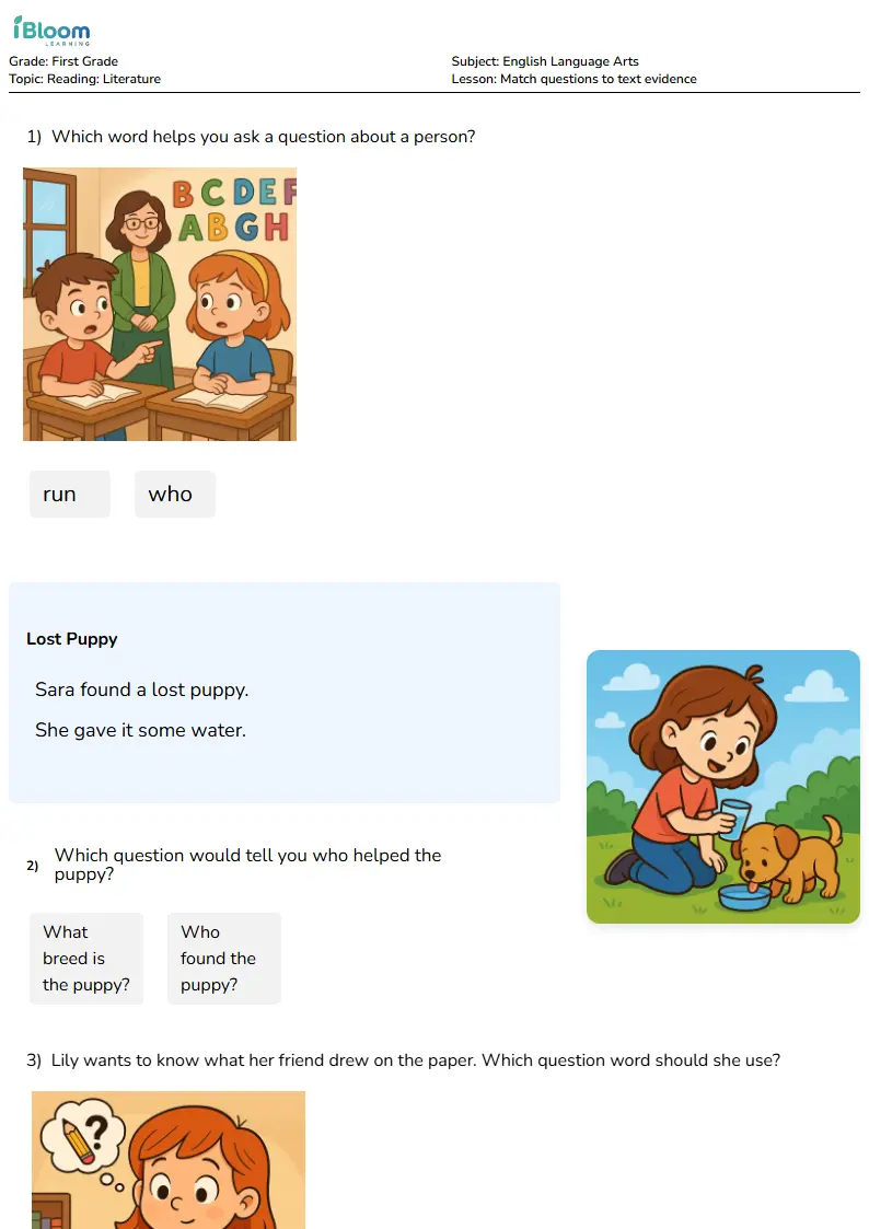 Free Match questions to text evidence Worksheets for First Grade | iBloom