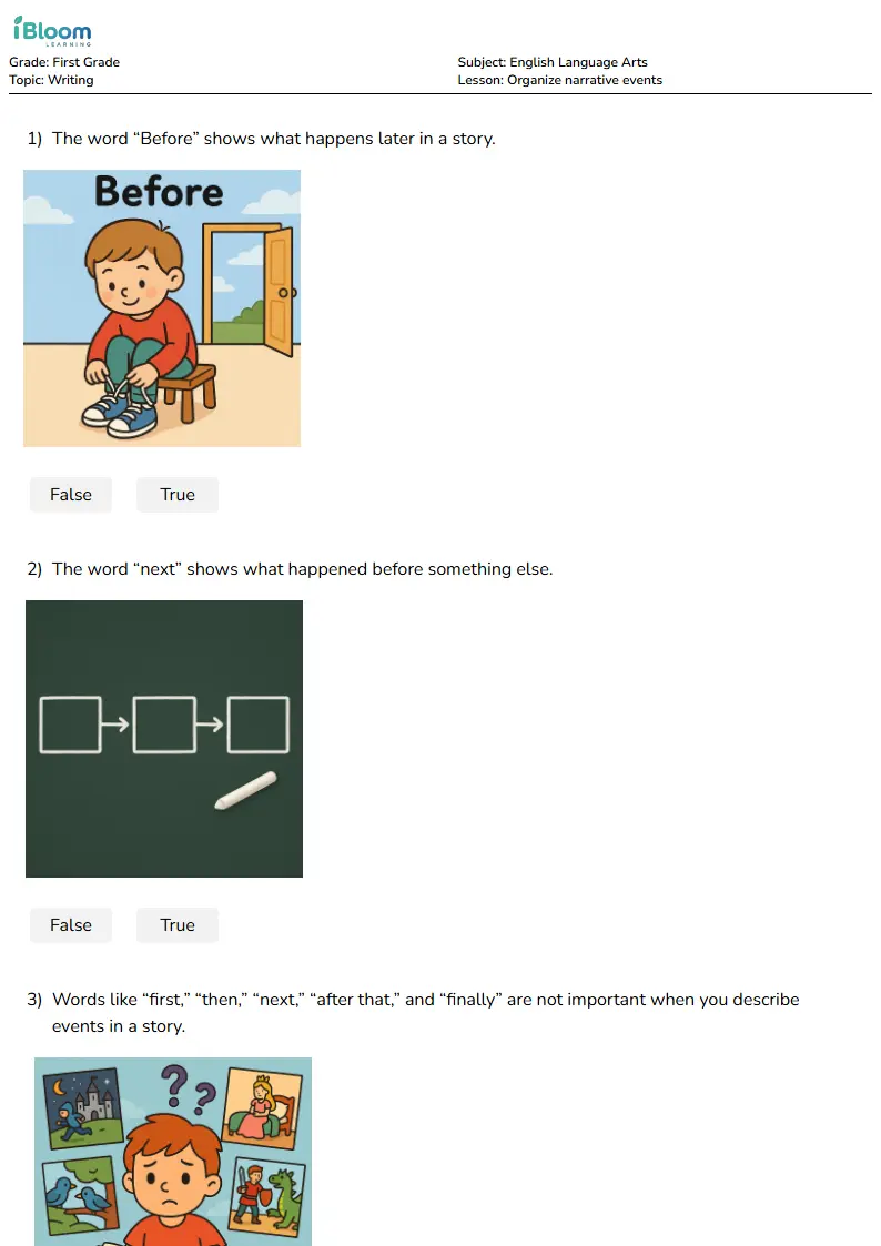 Free Organize narrative events Worksheets for First Grade | iBloom