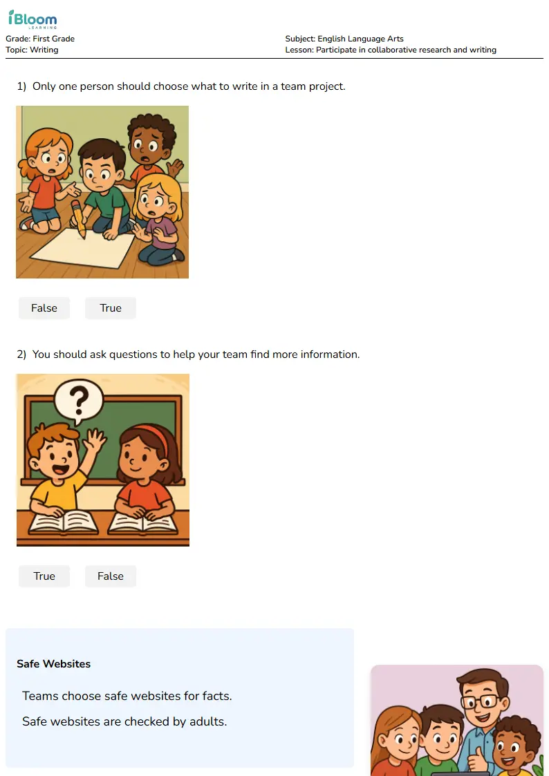 Free Participate in collaborative research and writing Worksheets for First Grade | iBloom