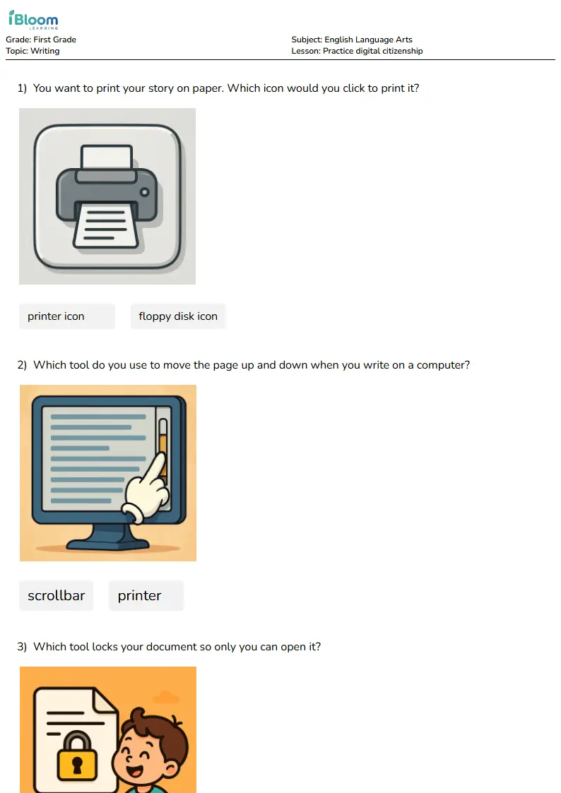 Free Practice digital citizenship Worksheets for First Grade | iBloom