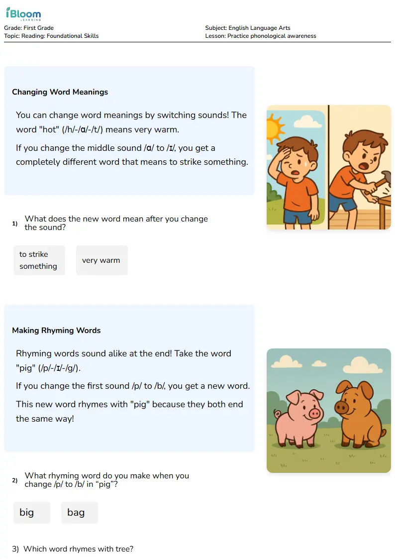 Free Practice phonological awareness Worksheets for First Grade | iBloom