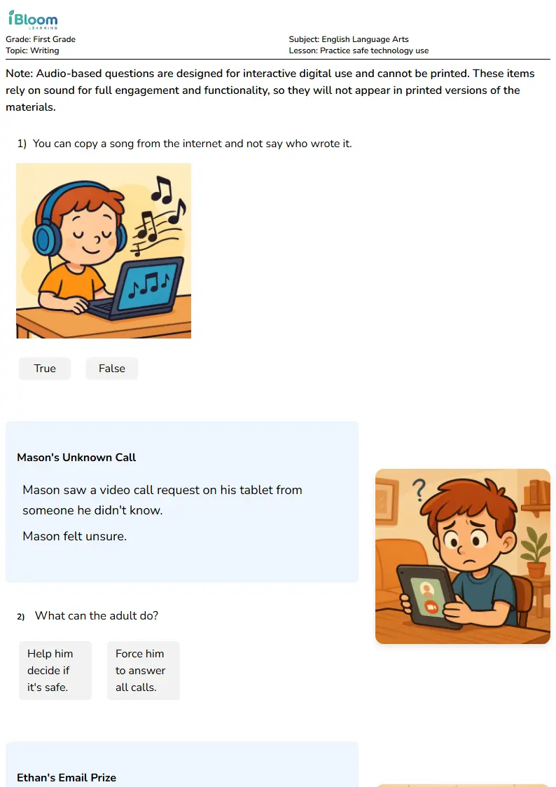 Free Practice safe technology use Worksheets for First Grade | iBloom