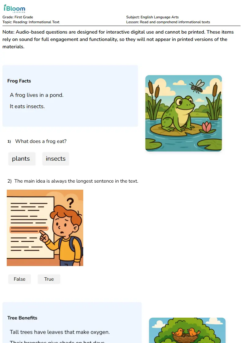 Free Read and comprehend informational texts Worksheets for First Grade | iBloom