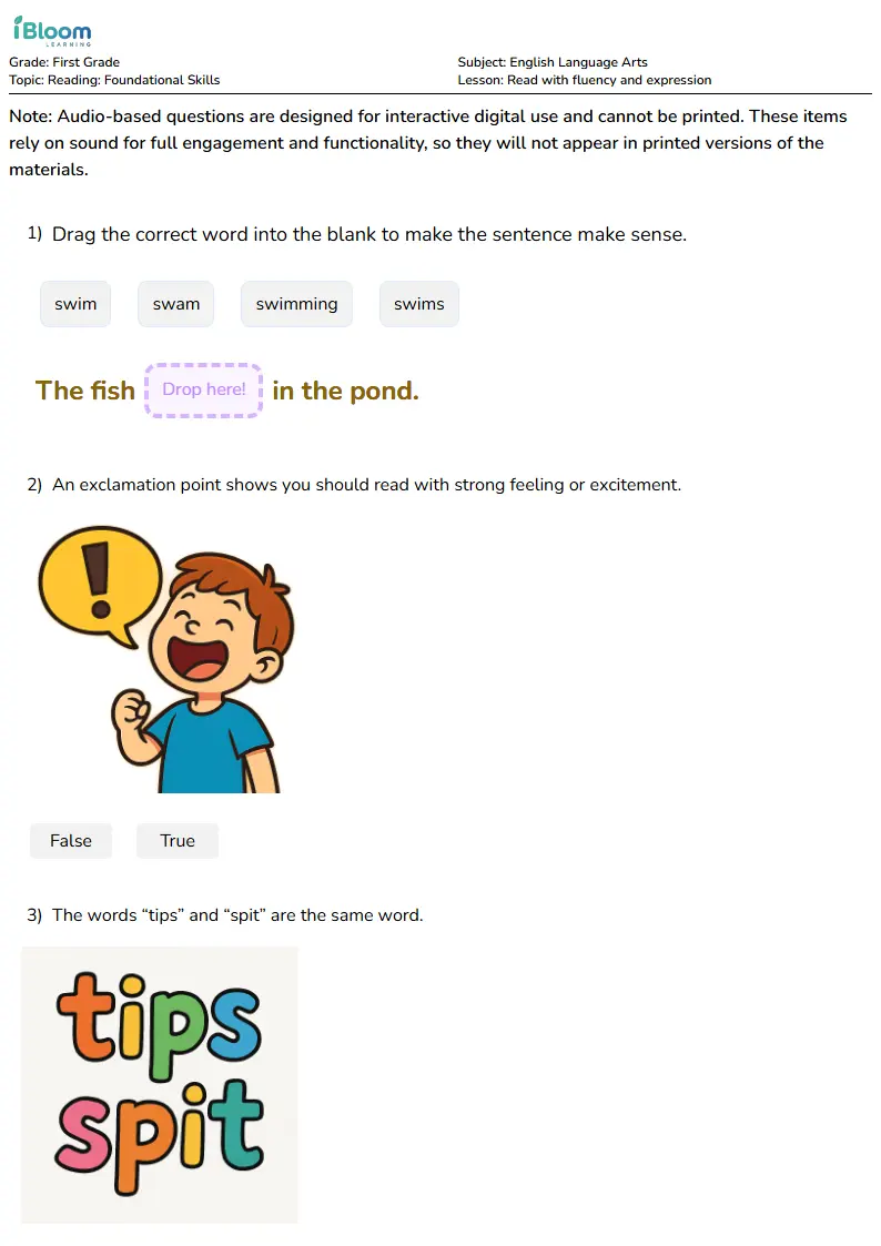 Free Read with fluency and expression Worksheets for First Grade | iBloom